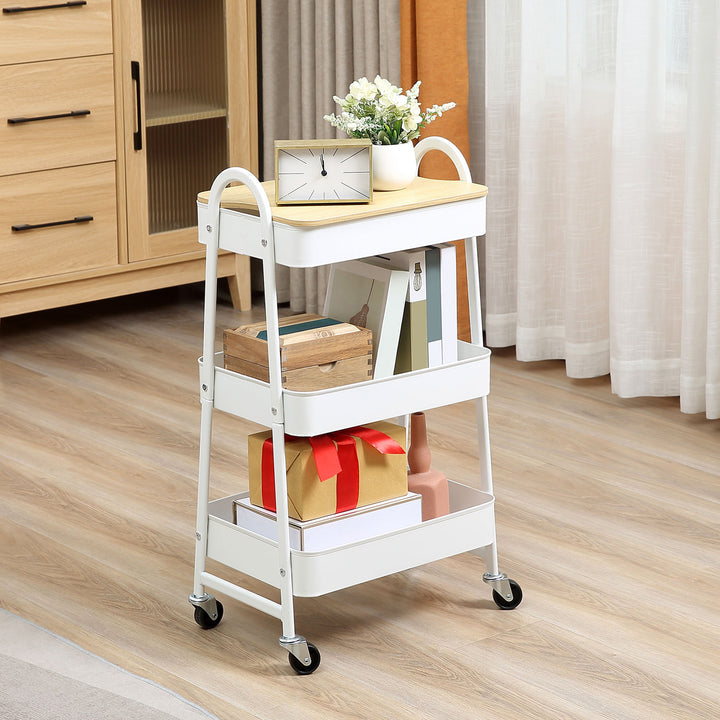Carrinho Auxiliar com Rodas de 3 Níveis Carrinho de Cozinha com 3 Cestas de Aço e 1 Bancada de Madeira para Sala de Estar Casa de Banho 45x31x79,4 cm Branco