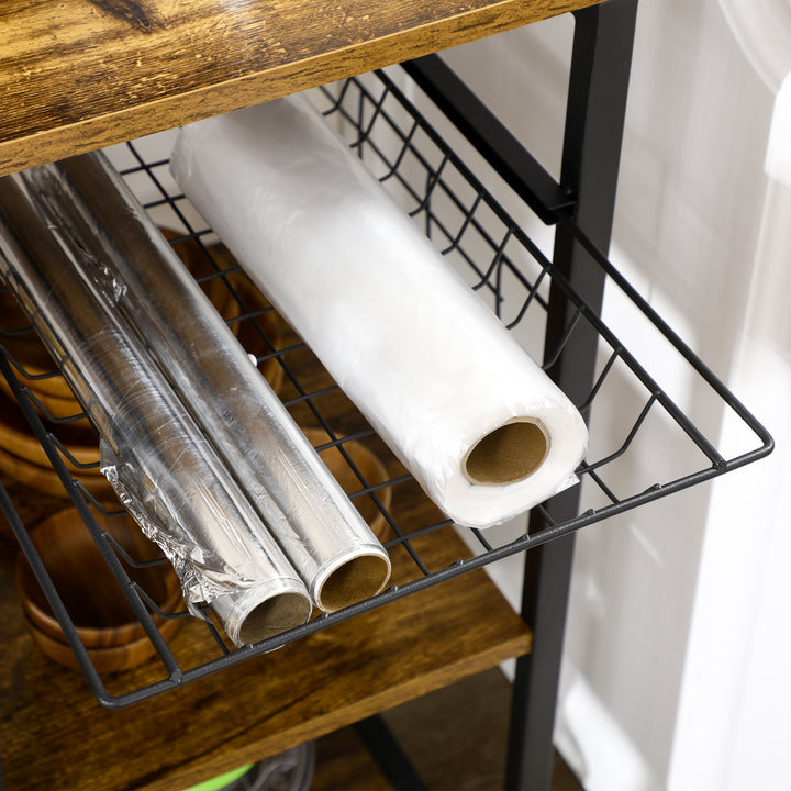 Estante de Cozinha Estilo Industrial Estante de Cozinha com Tomada Elétrica Prateleiras Ajustáveis Ganchos e Cesta Metálica 90x40x83 cm Marrom Rústico