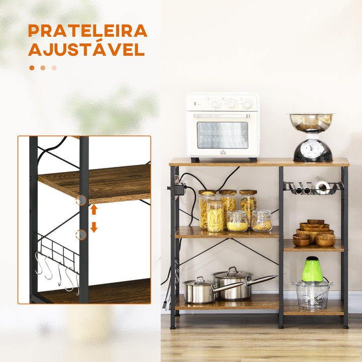 Estante de Cozinha Estilo Industrial Estante de Cozinha com Tomada Elétrica Prateleiras Ajustáveis Ganchos e Cesta Metálica 90x40x83 cm Marrom Rústico