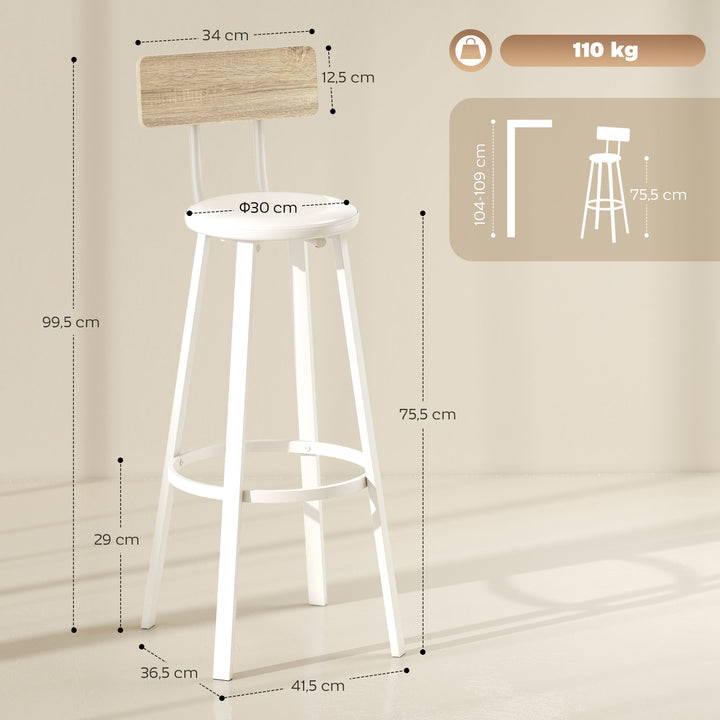 Conjunto de 2 Bancos de Bar Bancos Altos de Cozinha com Encosto e Apoio para Pés Estofados em PU Assento com 75,5 cm de Altura Fácil Montagem Estilo Industrial 41,5x36,5x99,5 cm Madeira e Branco