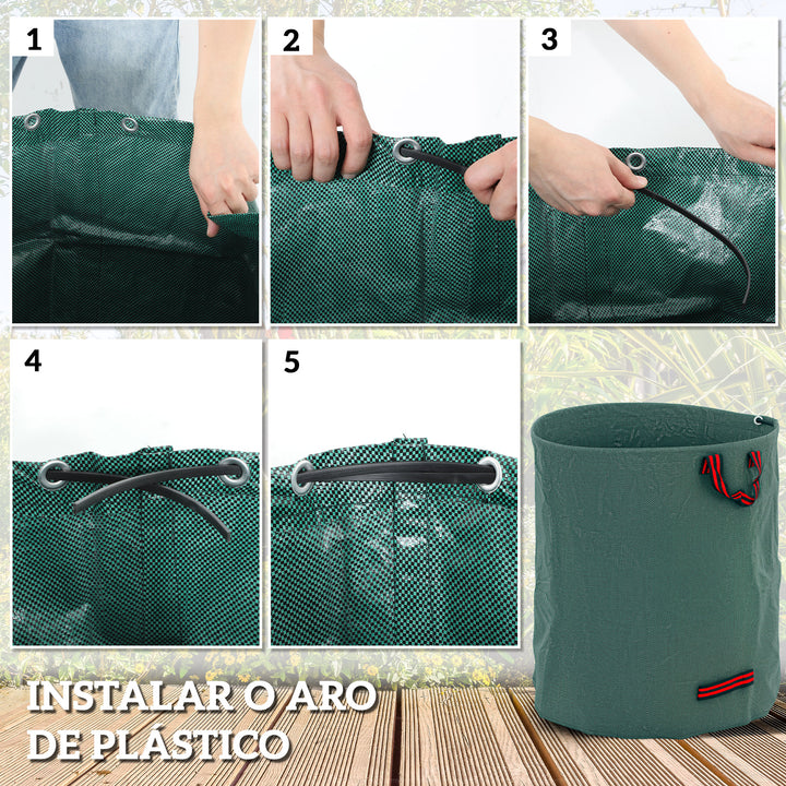 Conjunto de 3 Sacos de Resíduos de Jardim 272L Sacos para Resíduos Resistentes com Pegas Reforçadas e Aros Flexíveis Dobráveis e Reutilizáveis Ø67x76 cm Verde