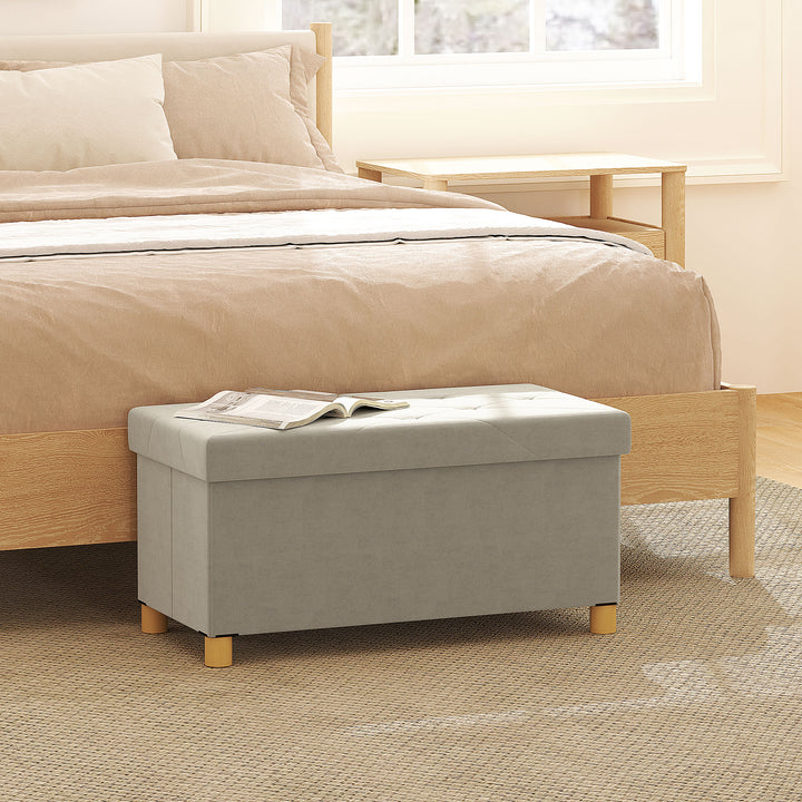 Banco de Armazenamento Dobrável Puff de Armazenamento Capacidade de 67 L Estofado em Veludo Baú de Armazenamento Quarto Carga 120 kg para Sala de Estar Entrada 76x38x38 cm Creme