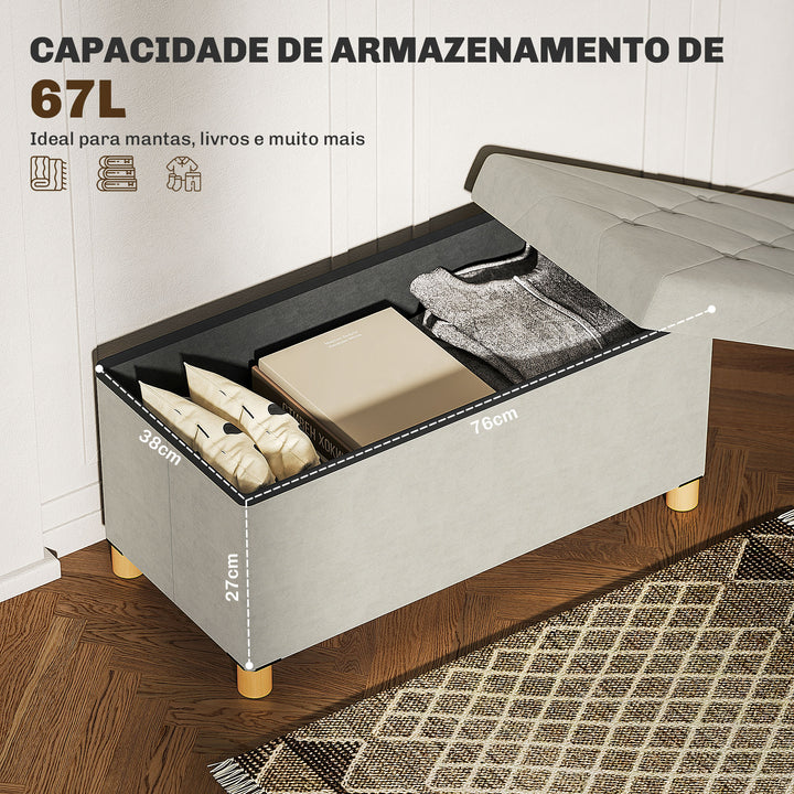 Banco de Armazenamento Dobrável Puff de Armazenamento Capacidade de 67 L Estofado em Veludo Baú de Armazenamento Quarto Carga 120 kg para Sala de Estar Entrada 76x38x38 cm Creme