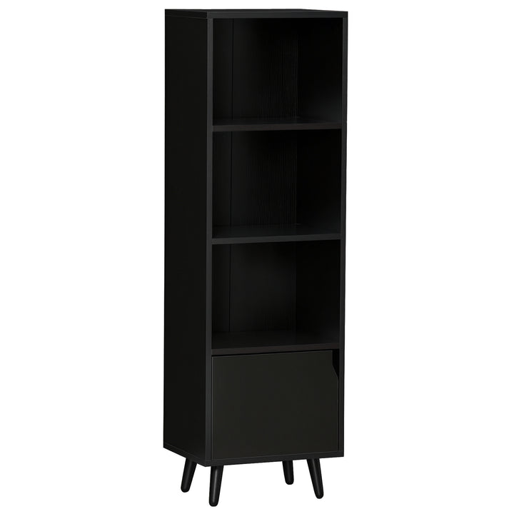 Estante com 3 Prateleiras Abertas e 1 Fechada com Porta Estante de Estilo Moderno para Armazenamento de Livros Brinquedos Plantas 40x30x129,5cm Preto