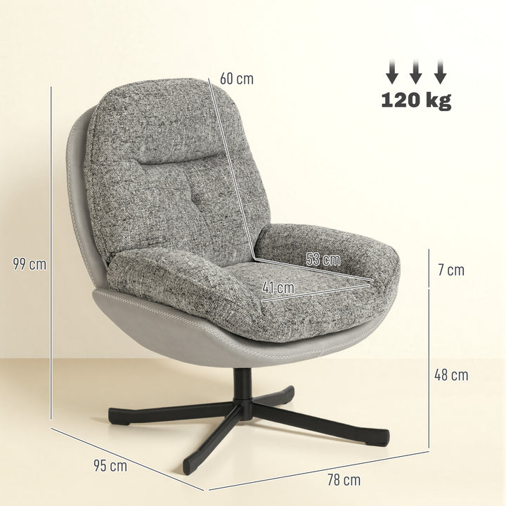 Poltrona Giratória Moderna Poltrona de Sala com Base Cruzada Estofada em Chenille e Couro PU Assento Largo Duplo Pernas de Aço e Apoios de Braço Poltrona Relax para Sala de Estar Quarto 78x95x99 cm Cinza