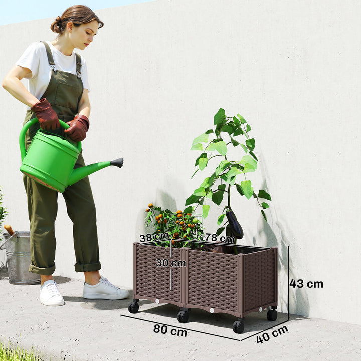 Floreira Elevada com 6 Rodas Floreira Móvel em Plástico com Autorrega e Drenagem Floreira para Cultivo Plantas Jardim Terraço 80x40x43 cm Castanho