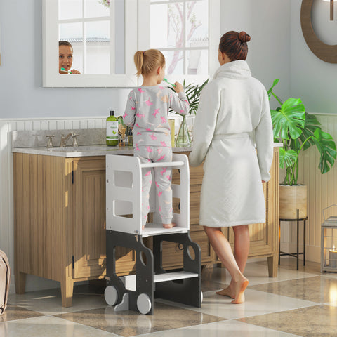 Torre de Aprendizagem 4 em 1 Torre de Aprendizagem para Crianças acima de 3 Anos em Forma de Carro Convertível em Mesa e Cadeira com Ardósia Barreira de Segurança 58x46x92 cm Branco e Cinza