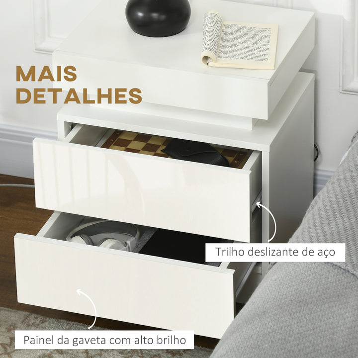 Mesa de Cabeceira com Luz LED Mesa de Cabeceira com Painel de Alto Brilho 2 Gavetas e Controlo Remoto para Sala de Estar Dormitório 45x35x52 cm Branco