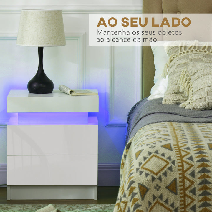 Mesa de Cabeceira com Luz LED Mesa de Cabeceira com Painel de Alto Brilho 2 Gavetas e Controlo Remoto para Sala de Estar Dormitório 45x35x52 cm Branco