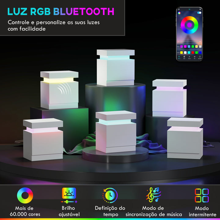 Mesa de Cabeceira com Luz LED Mesa de Cabeceira com Painel de Alto Brilho 2 Gavetas e Controlo Remoto para Sala de Estar Dormitório 45x35x52 cm Branco