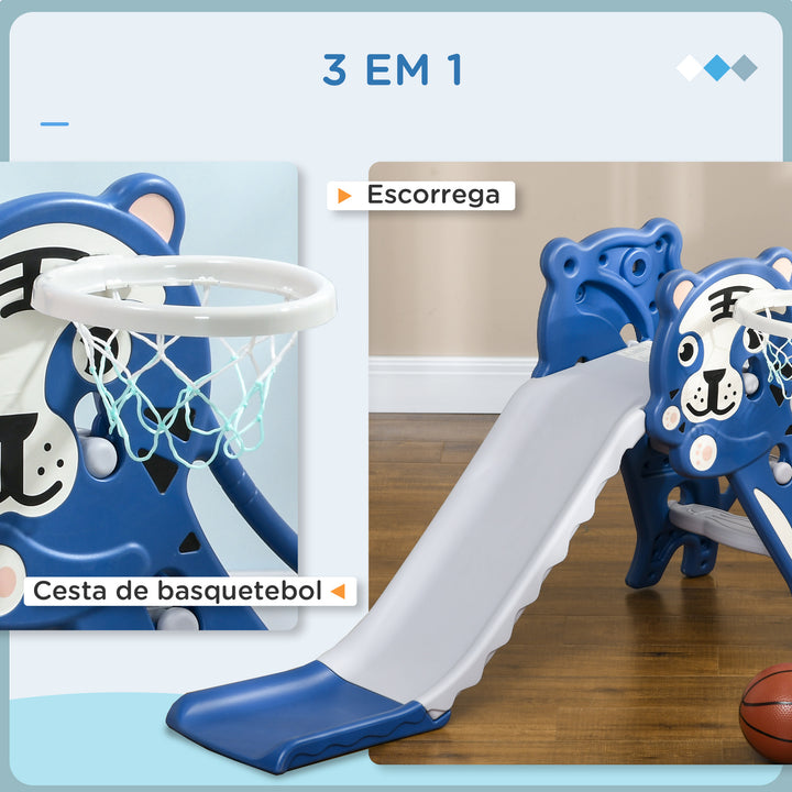 Escorrega para Crianças 2 em 1 Escorrega para Crianças de 18 a 36 Meses com 2 Degraus Cesta de Basquetebol e Desenho de Tigre para Interior 133x60x70 cm Azul e Cinza