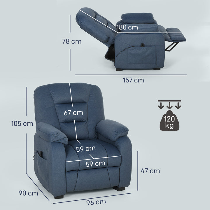 Poltrona Relax Reclinável Elétrica Poltrona Reclinável Silenciosa com Função Memória Apoio para os Pés Controlo Remoto Bolsos Laterais Porta USB Tecido Veludo para Quarto Sala de Estar Azul