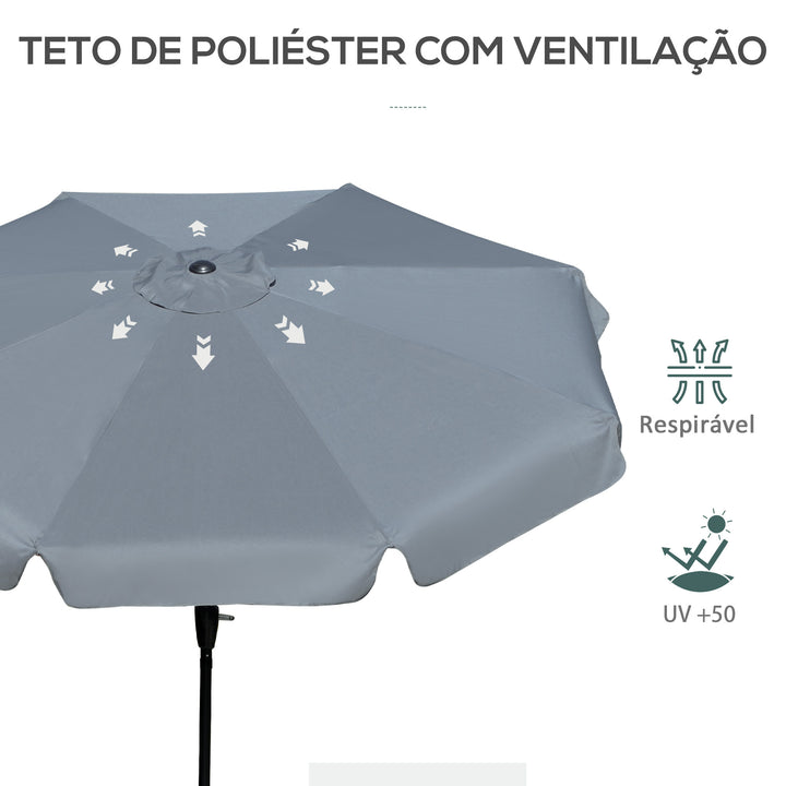 Chapéu de Sol de Jardim Ø266x248,5 cm Proteção UV50+ Chapéu de Sol de Alumínio Inclinável com Teto de Ventilação Manivela para Terraço Varanda Exterior Cinza Escuro