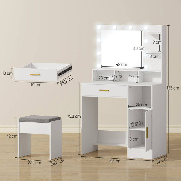 Toucador de Maquilhagem com Luzes LED e Banco Toucador com Espelho 10 Lâmpadas LED Gaveta Prateleiras Compartimentos Abertos para Quarto Closet Branco