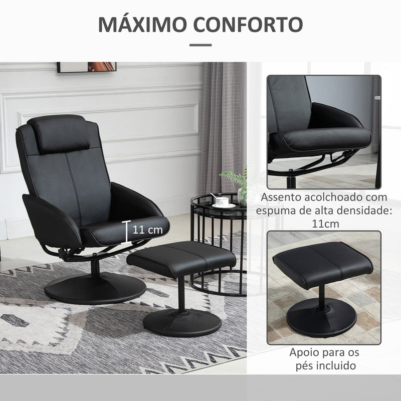 Poltrona Relax Reclinável até 145° com Banco de Apoio para os Pés Poltrona Giratória 360° Estofada em PU e Estrutura de Aço 78x67x98 cm Preto