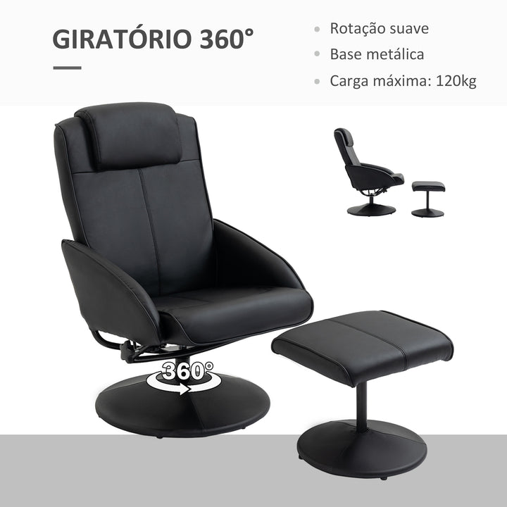 Poltrona Relax Reclinável até 145° com Banco de Apoio para os Pés Poltrona Giratória 360° Estofada em PU e Estrutura de Aço 78x67x98 cm Preto