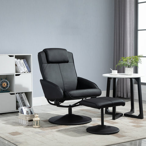 Poltrona Relax Reclinável até 145° com Banco de Apoio para os Pés Poltrona Giratória 360° Estofada em PU e Estrutura de Aço 78x67x98 cm Preto