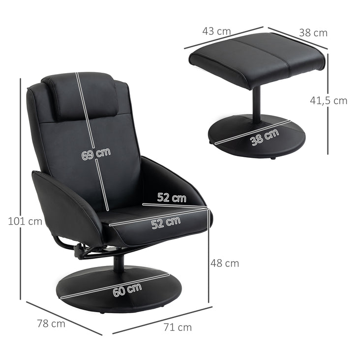 Poltrona Relax Reclinável até 145° com Banco de Apoio para os Pés Poltrona Giratória 360° Estofada em PU e Estrutura de Aço 78x67x98 cm Preto