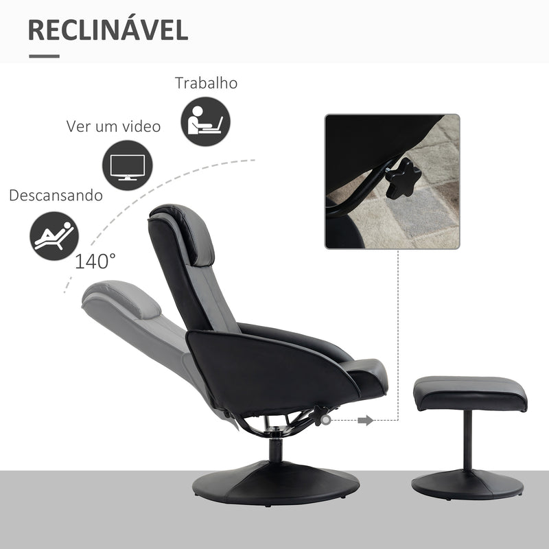 Poltrona Relax Reclinável até 145° com Banco de Apoio para os Pés Poltrona Giratória 360° Estofada em PU e Estrutura de Aço 78x67x98 cm Preto