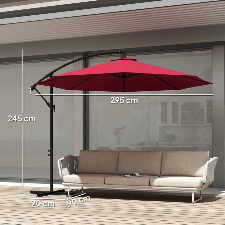 Chapéu de Sol de Jardim Ø295x245 cm Chapéu de Sol Excêntrico Inclinável com Manivela Base Cruzada Suporte de Aço e Proteção Solar para Terraço Exterior Vinho