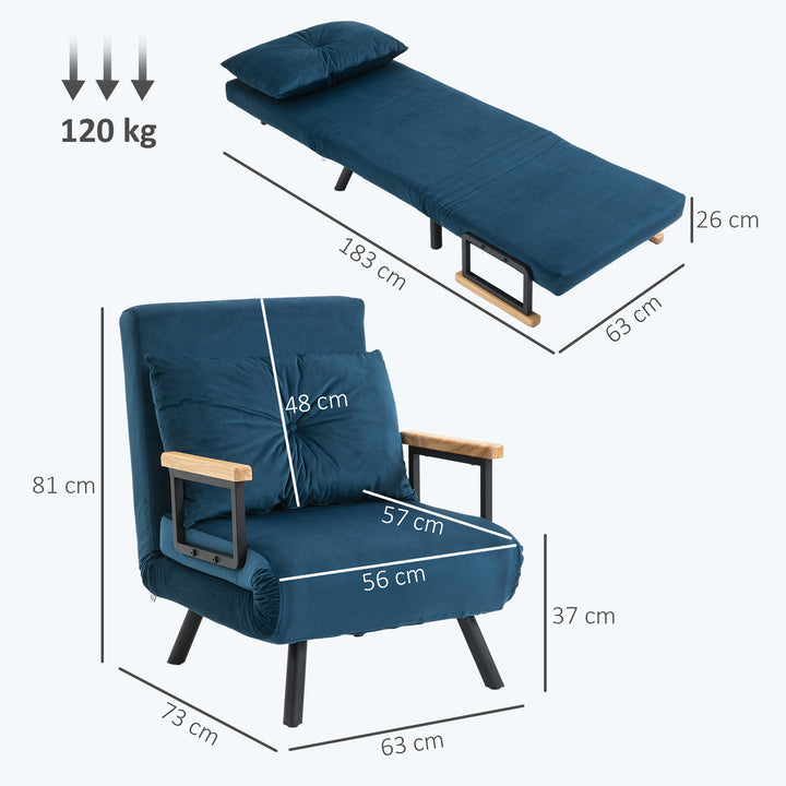 Poltrona Convertível em Cama Dobrável Poltrona 3 em 1 Convertível em Cama com Encosto Ajustável em 5 Níveis e Almofada Acolchoada para Escritório Sala de Estar Carga 120 kg 63x73x81 cm Azul