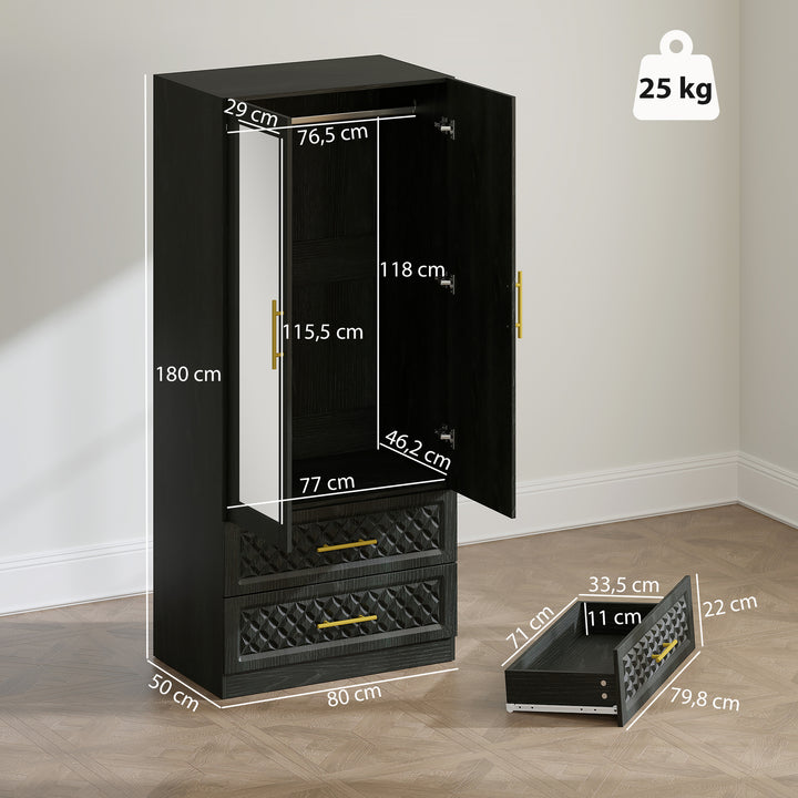 Roupeiro com Espelho 2 Portas e 2 Gavetas Roupeiro para Dormitório com Relevo de Diamante Barra para Pendurar Estilo Moderno 80x50x180 cm Preto