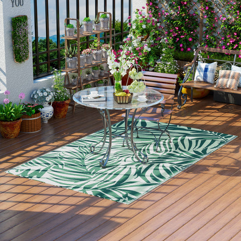 Tapete de Exterior 152x243 cm Tapete Reversível com Padrão de Folhas para Varanda Pátio Campismo Praia Verde Escuro e Branco