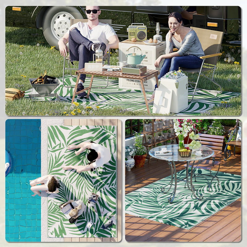 Tapete de Exterior 152x243 cm Tapete Reversível com Padrão de Folhas para Varanda Pátio Campismo Praia Verde Escuro e Branco