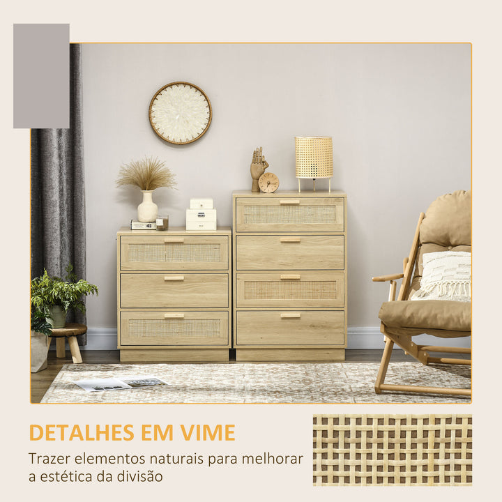 Cómoda com 4 Gavetas de Vime Cómoda de Madeira para Dormitório Sala de Estar Estilo Boêmio 60x38x88,5 cm Madeira