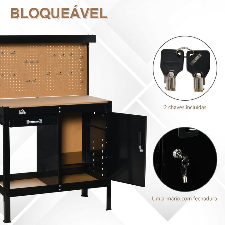 Bancada de Trabalho 98,5x48x140 cm Carga 100 kg Mesa de Trabalho com Painel Perfurado Gaveta Prateleira e Armário com Fechadura Preto