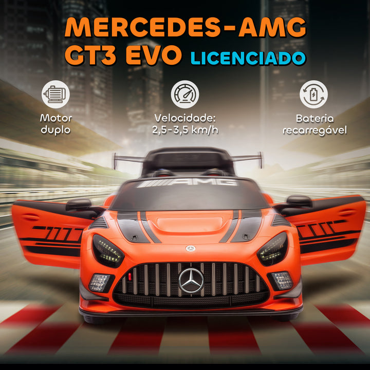 Carro Elétrico para Crianças Mercedes-AMG GT3 Evo Carro de Bateria 12V com Controlo Remoto 2,4G Motor Duplo Rodas Auxiliares Alça de Transporte Música Faróis 115x66x44 cm Laranja