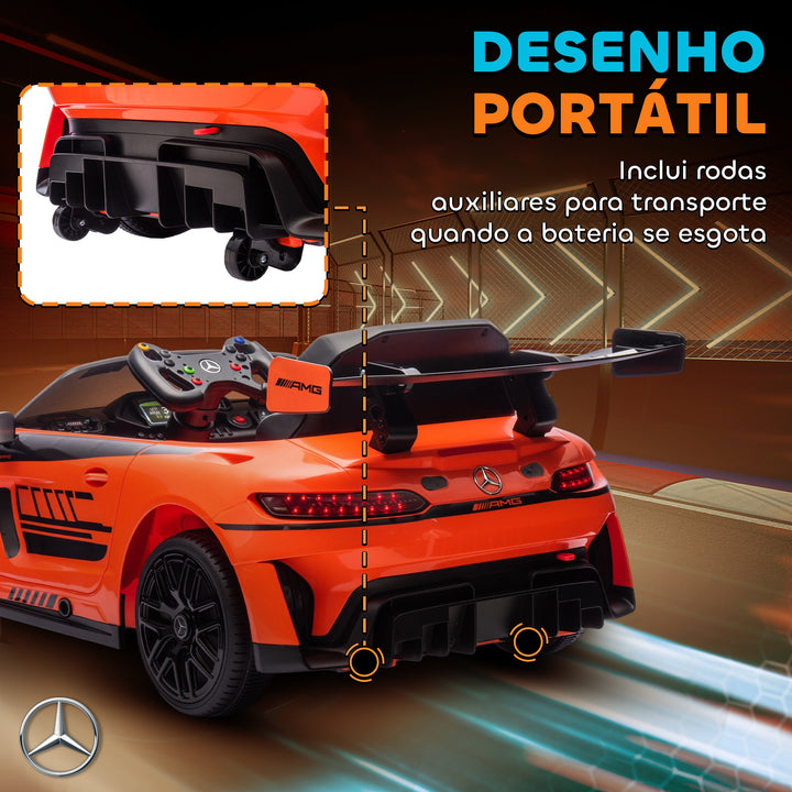 Carro Elétrico para Crianças Mercedes-AMG GT3 Evo Carro de Bateria 12V com Controlo Remoto 2,4G Motor Duplo Rodas Auxiliares Alça de Transporte Música Faróis 115x66x44 cm Laranja