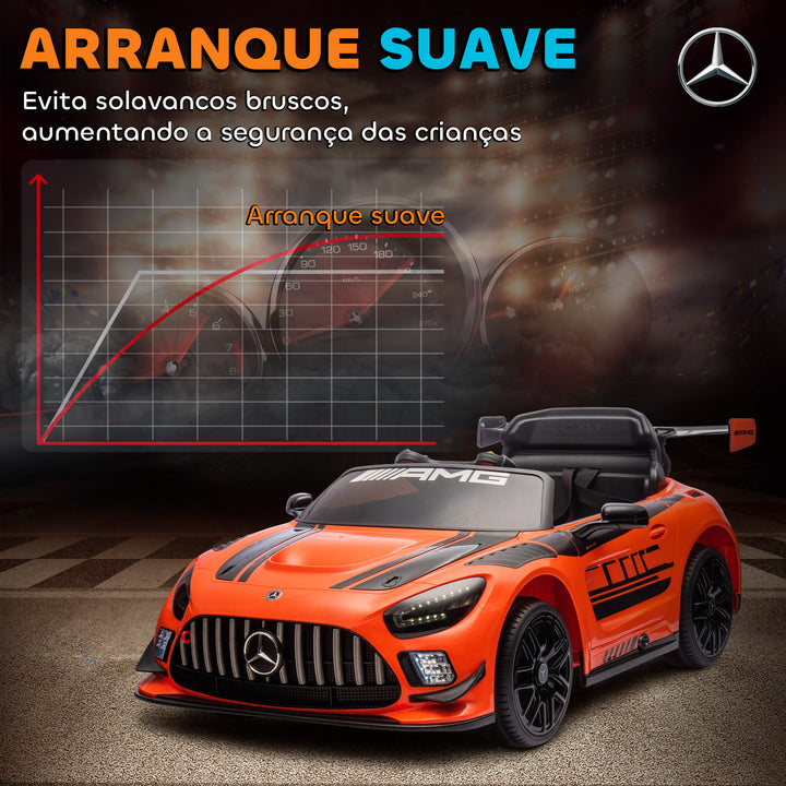 Carro Elétrico para Crianças Mercedes-AMG GT3 Evo Carro de Bateria 12V com Controlo Remoto 2,4G Motor Duplo Rodas Auxiliares Alça de Transporte Música Faróis 115x66x44 cm Laranja