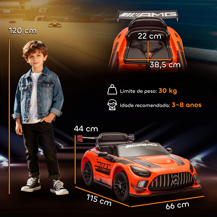 Carro Elétrico para Crianças Mercedes-AMG GT3 Evo Carro de Bateria 12V com Controlo Remoto 2,4G Motor Duplo Rodas Auxiliares Alça de Transporte Música Faróis 115x66x44 cm Laranja