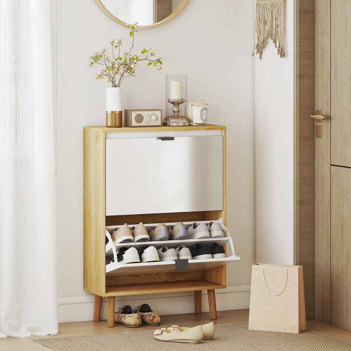 Sapateira Estreita com 2 Portas em Branco Brilhante Estantes Ajustáveis e Pés de Madeira para 12 Pares de Sapatos 60x24x91 cm Branco