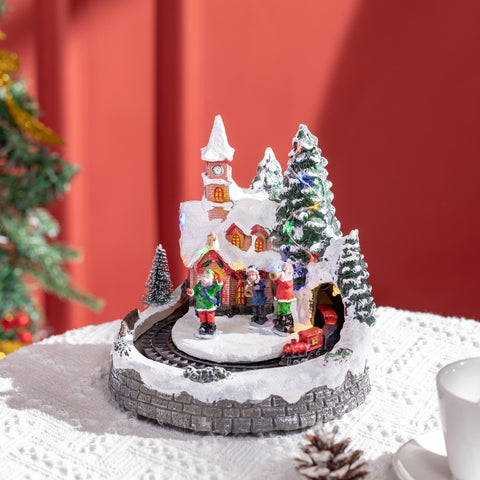 Aldeia de Natal Cena de Decoração Natalícia Iluminada com Luzes LED Trem Giratório e Música Decoração de Natal 20x19,5x20cm Multicor