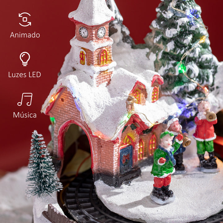Aldeia de Natal Cena de Decoração Natalícia Iluminada com Luzes LED Trem Giratório e Música Decoração de Natal 20x19,5x20cm Multicor
