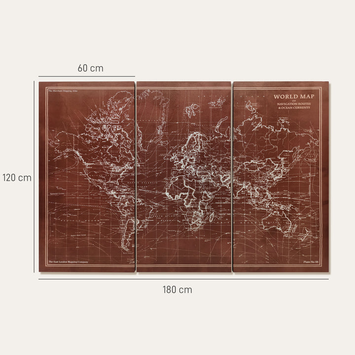 Quadros Decorativos Mapa Múndi Vintage Pintados à Mão 120x60 cm Quadros de Arte de Parede com Moldura de Madeira Decoração Elegante para Quarto Salão Cozinha Castanho
