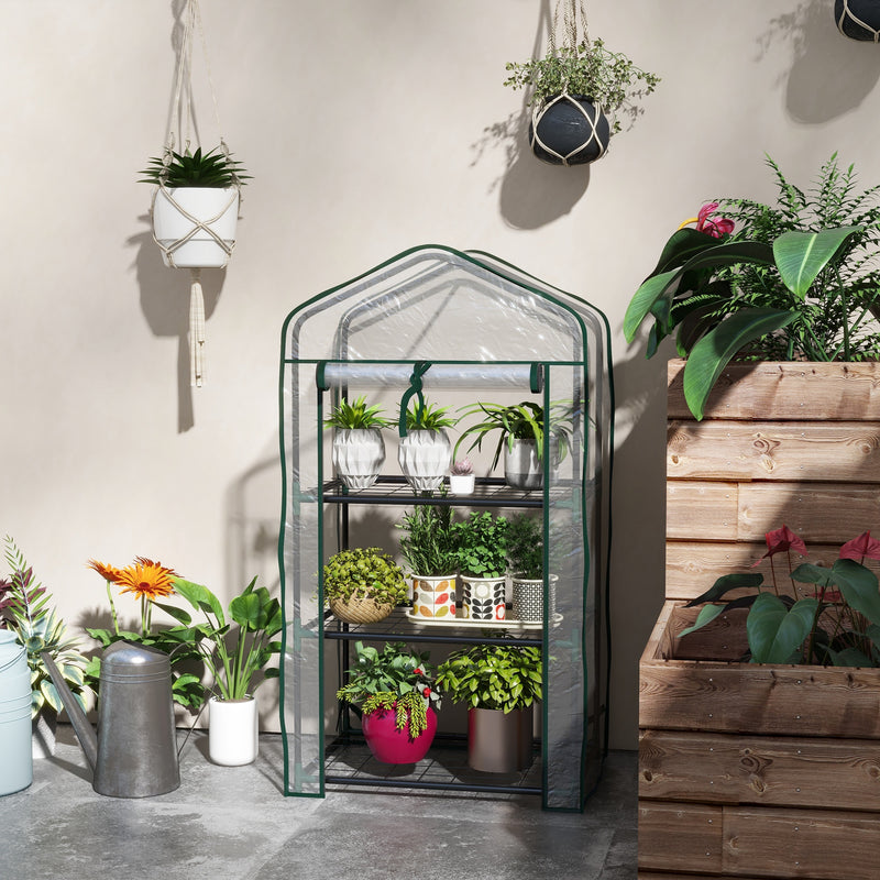 Estufa de Jardim de 3 Níveis Estufa de Terraço com 3 Prateleiras 1 Porta com Fecho de Correr para Cultivo de Plantas Flores Vegetais, 59x39x127 cm Transparente