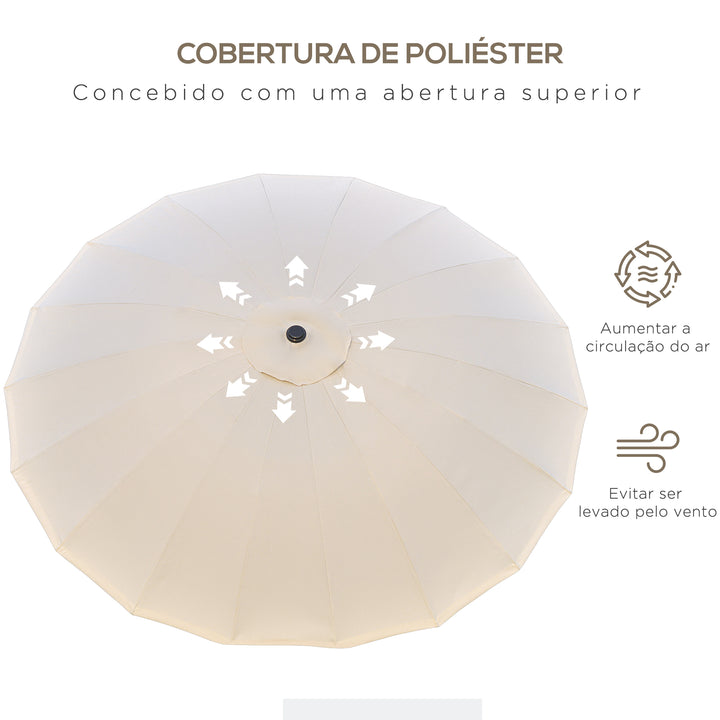 Chapéu de Sol de Jardim Ø2,5x2,4 m Chapéu de Sol de Terraço com Manivela Manual Mastro Flexível Impermeável e 18 Varas para Exterior Creme