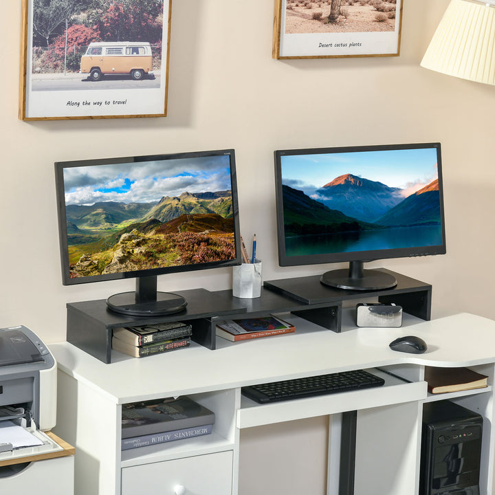 Suporte Elevado para Monitores de Madeira Ajustável em Comprimento e Ângulo para 2 Monitores Notebook 80-117x23,5x10cm Preto