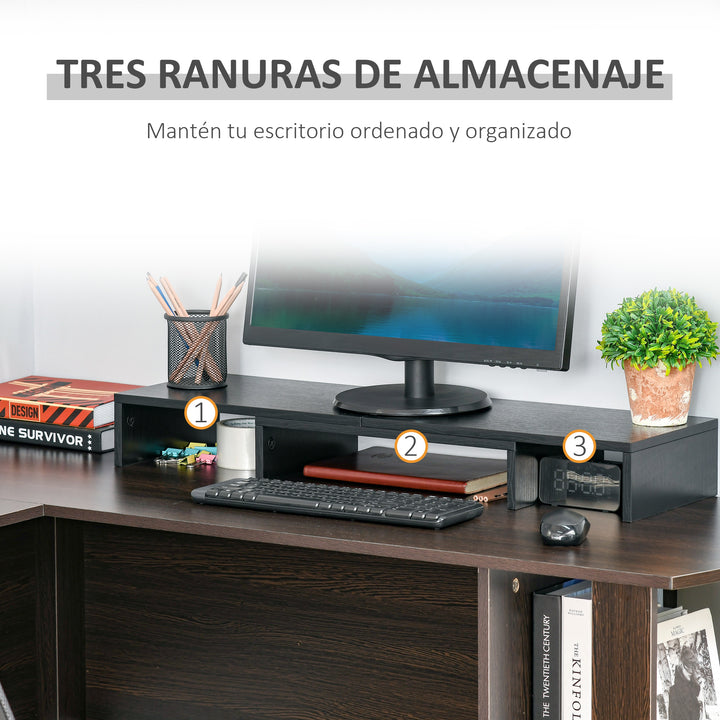 Suporte Elevado para Monitores de Madeira Ajustável em Comprimento e Ângulo para 2 Monitores Notebook 80-117x23,5x10cm Preto