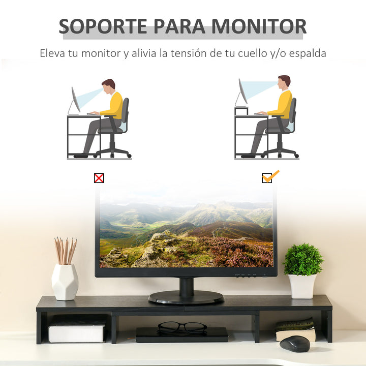 Suporte Elevado para Monitores de Madeira Ajustável em Comprimento e Ângulo para 2 Monitores Notebook 80-117x23,5x10cm Preto