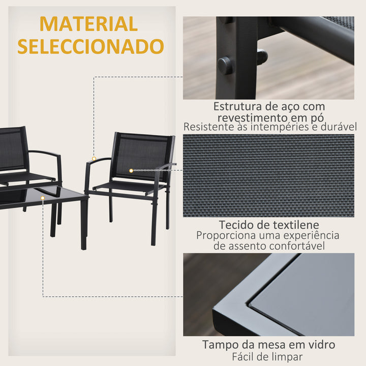 Conjunto de Móveis de Jardim Conjunto de 4 Peças Móveis de Exterior com 2 Poltronas 1 Sofá de 2 Lugares e Mesa de Centro com Tampo de Vidro Temperado Preto