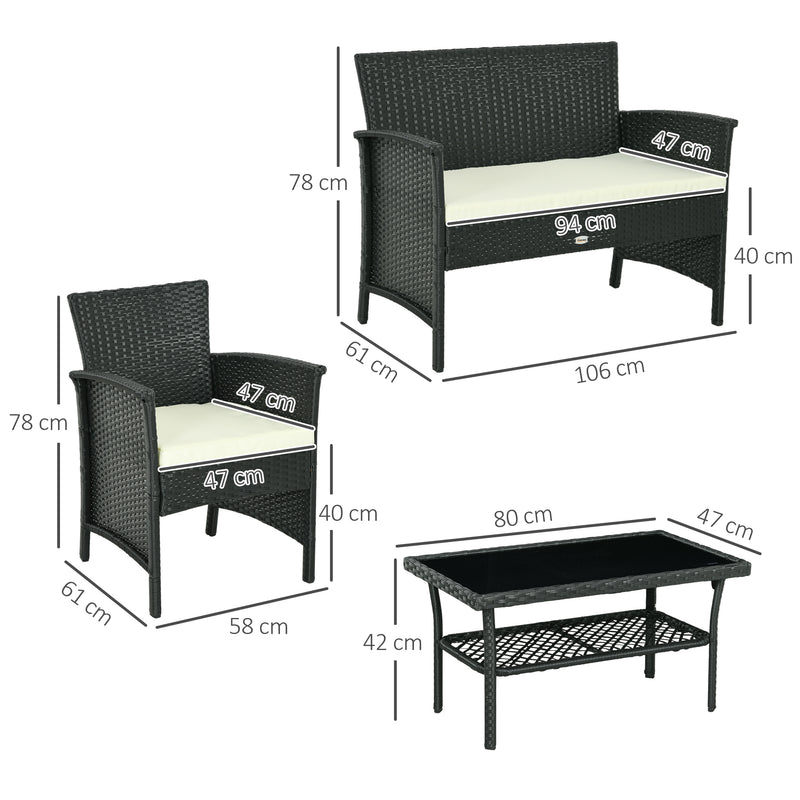 Conjunto de Jardim de Vime Sintético Conjunto de 4 Peças Móveis de Jardim com 2 Poltronas 1 Sofá Duplo 1 Mesa de Centro com Tampo de Vidro e Almofadas Preto e Creme