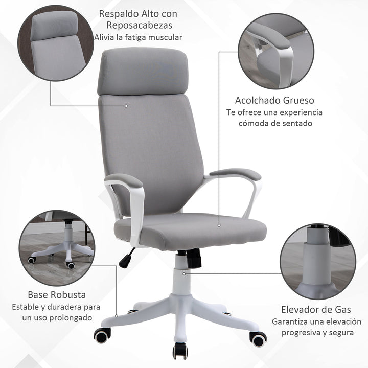 Cadeira de escritório ergonômica ajustável em altura giratória com apoio de braços Apoio de cabeça e encosto alto 63x65x113-123 cm Cinza