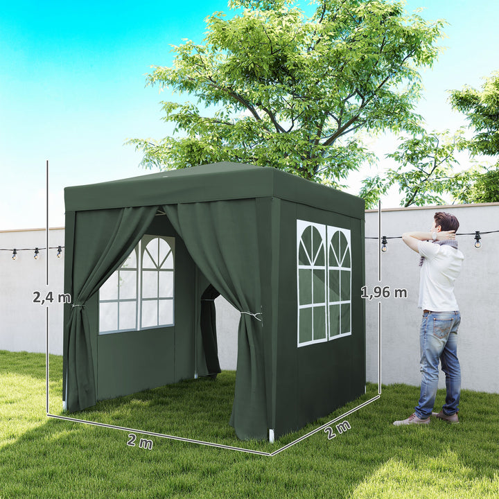 Tenda Dobrável 2x2 Tenda de Jardim com 4 Paredes Laterais Tecido Oxford 2 Portas 2 Janelas e Bolsa de Transporte para Exterior Terraço Campismo Festas Verde