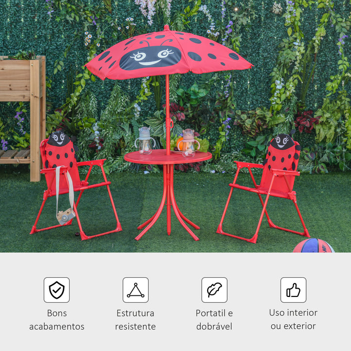Conjunto de Mesa e Cadeira de Jardim Conjunto de Picnic Dobrável para Crianças Conjunto de Mesa com Chapéu de Sol com Altura Ajustável 100-125cm Desenho de Joaninha Vermelho