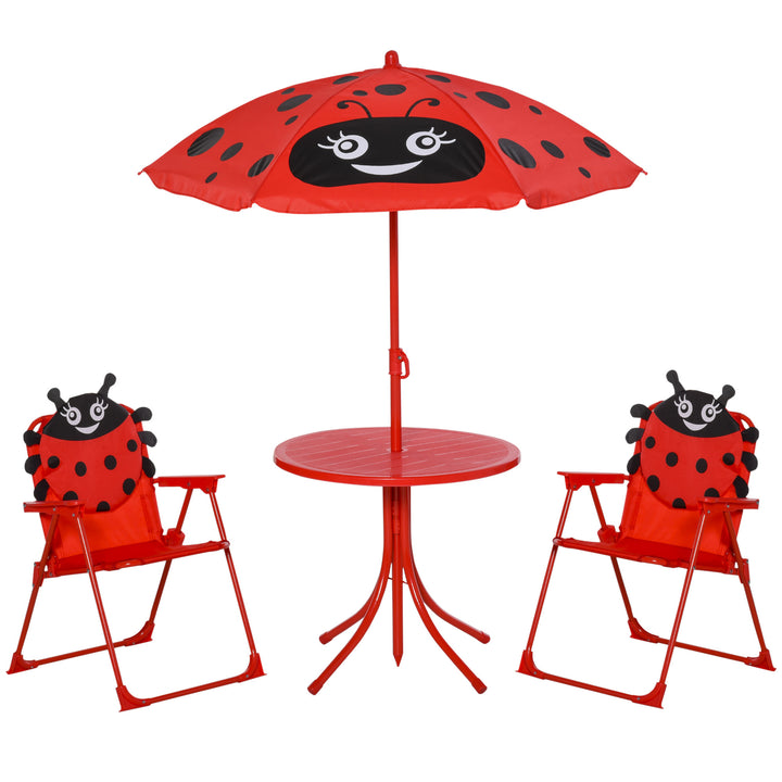 Conjunto de Mesa e Cadeira de Jardim Conjunto de Picnic Dobrável para Crianças Conjunto de Mesa com Chapéu de Sol com Altura Ajustável 100-125cm Desenho de Joaninha Vermelho