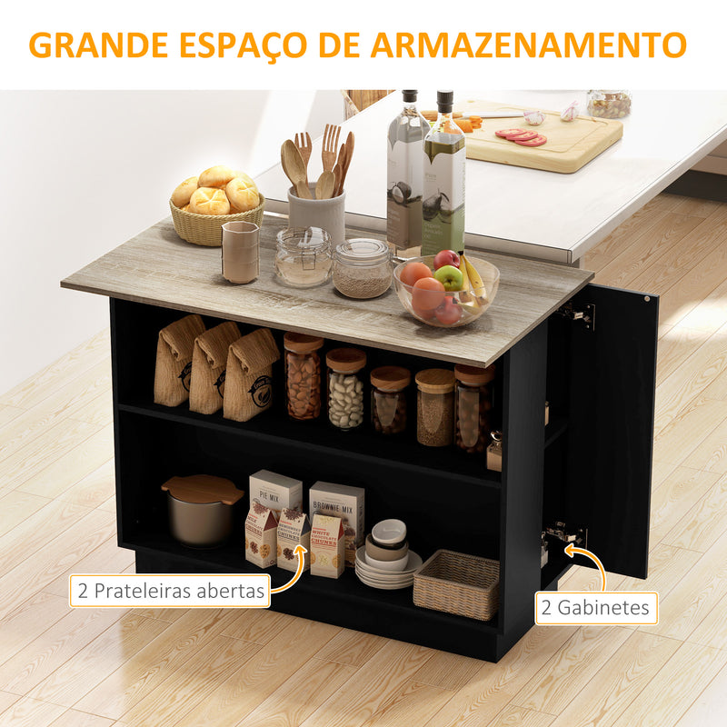 Ilha de Cozinha Móvel Auxiliar de Cozinha com 2 Prateleiras Abertas 2 Portas e Prateleiras Ajustáveis Estilo Moderno Capacidade 100 kg 105x60x82 cm Preto e Carvalho